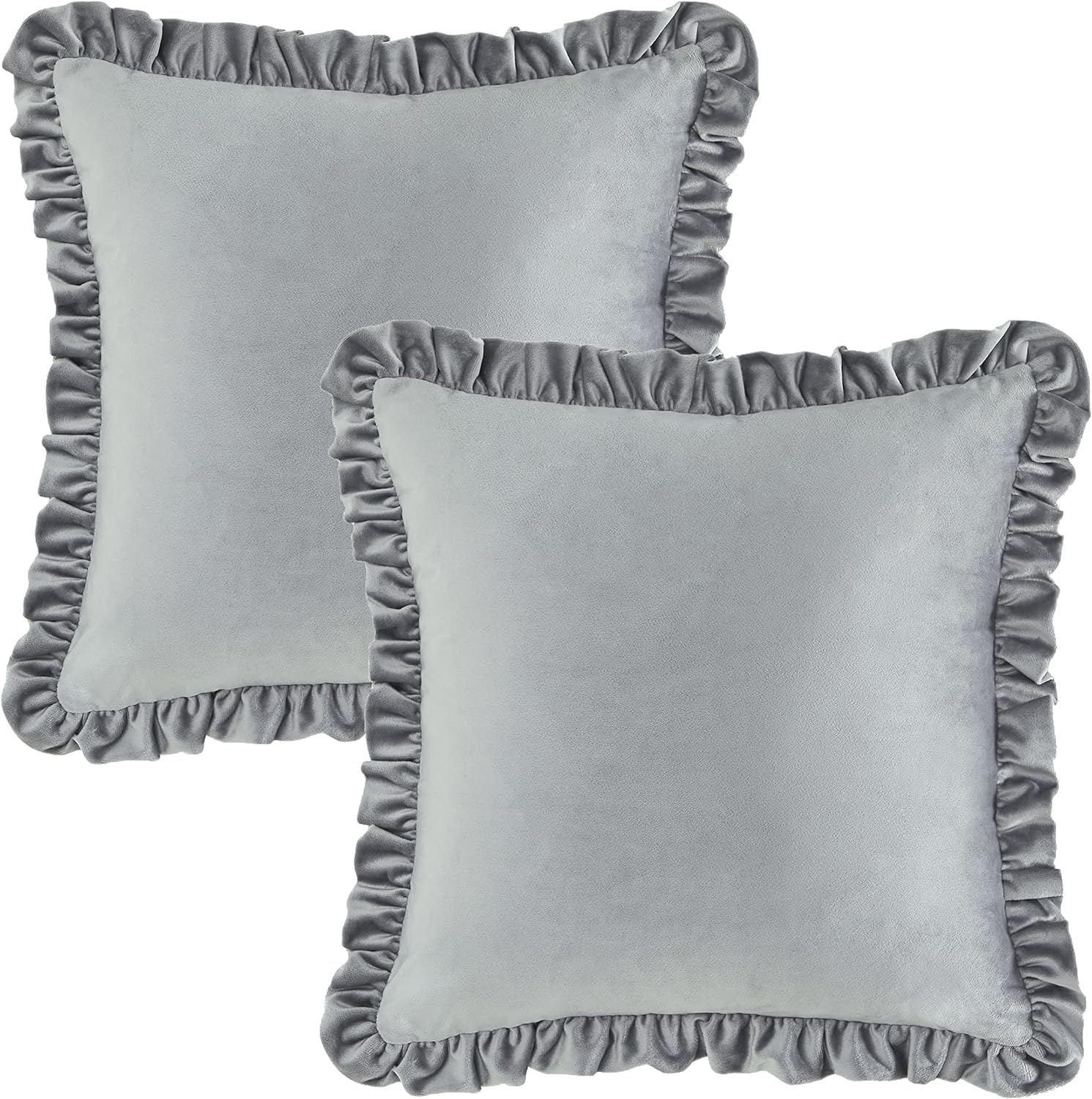 KNOTTING HOME Velvet Decorative Ruffle Cushion Pillow Covers for Sofa Couch and Home decor In Silver Color