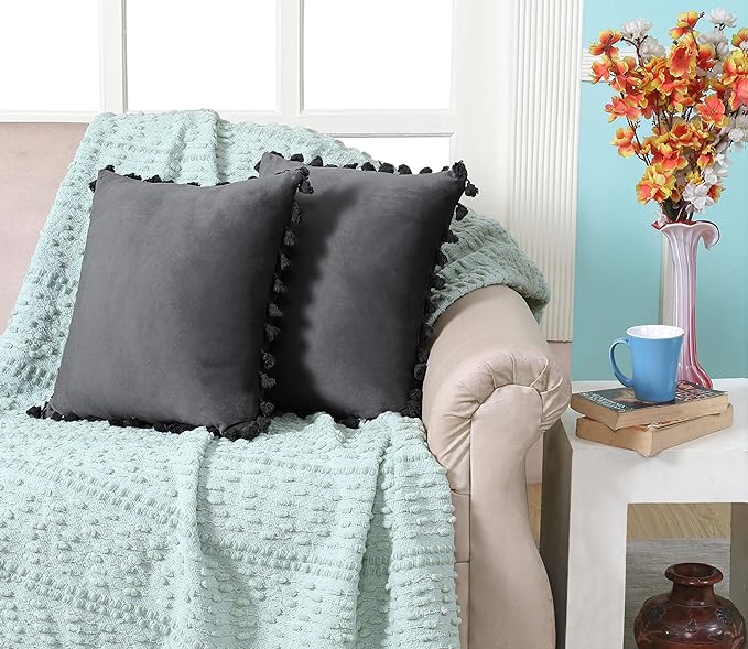 KNOTTING HOME Velvet Tassels Fringe Design Decorative Throw Pillow Covers Soft Solid Square Cushion Cover Pillow Decor, Grey Color