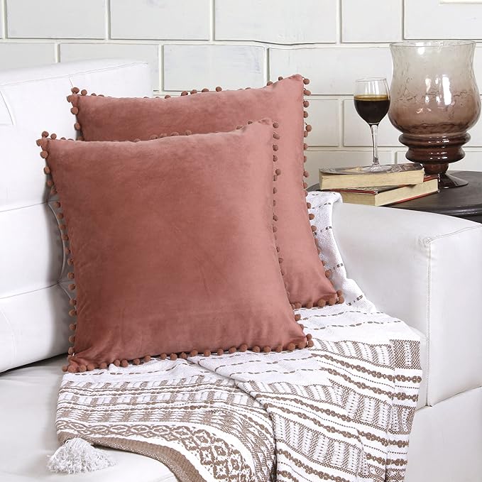 KNOTTING HOME Velvet Pompom Decorative Throw Pillow Covers Soft Solid Square Cushion Cover Pillow Decor, Blush color