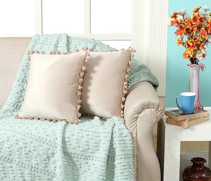 KNOTTING HOME Velvet Tassels Fringe Design Cushion Cover Throw Pillow Covers for Sofa Living Room in Beige Color