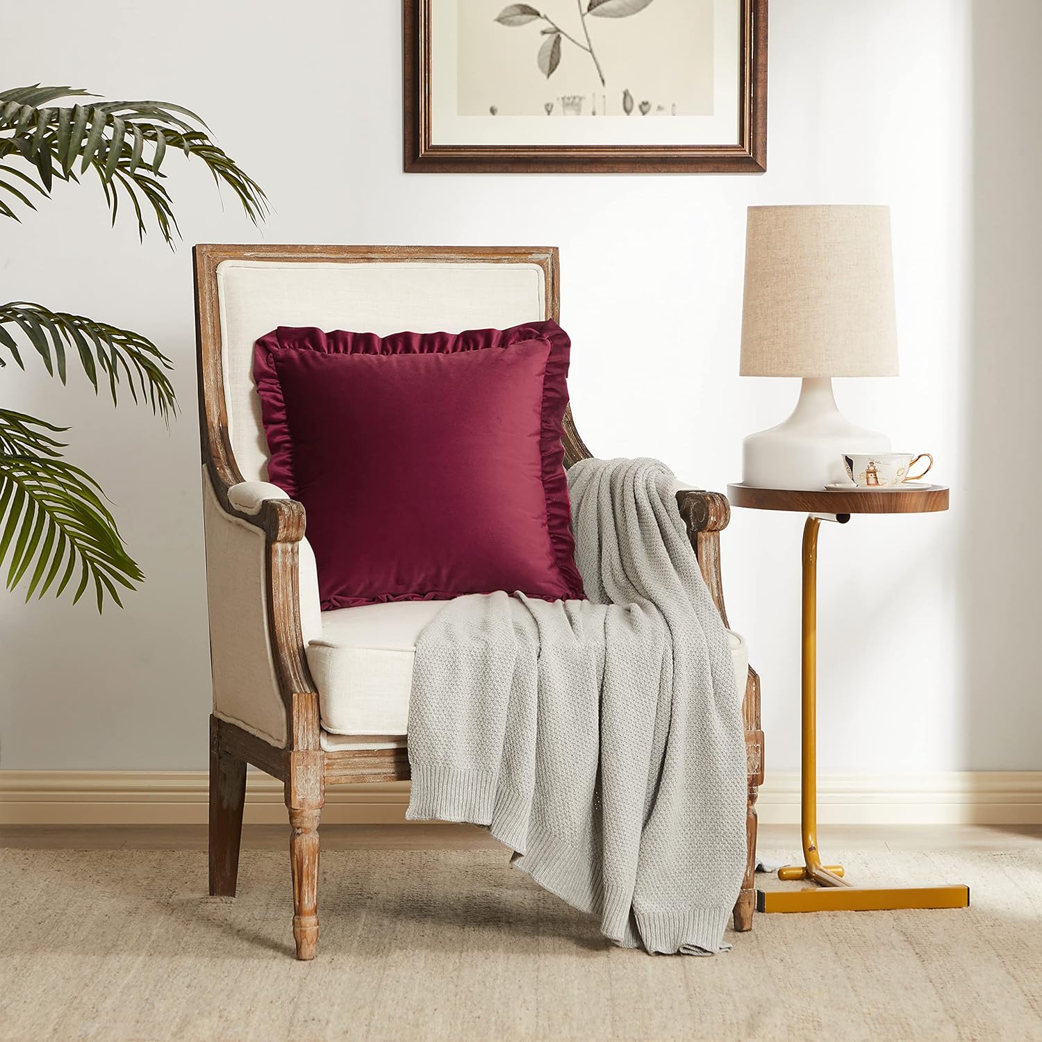 KNOTTING HOME Velvet Decorative Ruffle Cushion Pillow Covers for Sofa Couch and Home decor In Wine color