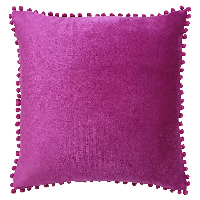 KNOTTING HOME Velvet Pompom Decorative Throw Pillow Covers Soft Solid Square Cushion Cover Pillow Decor, Purple color