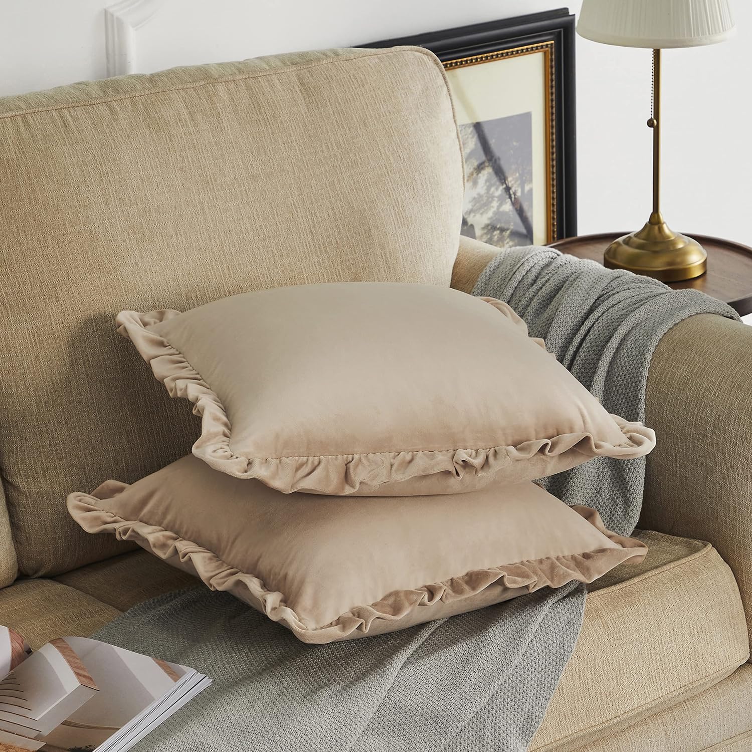 KNOTTING HOME Velvet Decorative Ruffle Cushion Pillow Covers for Sofa Couch and Home decor In Beige Color