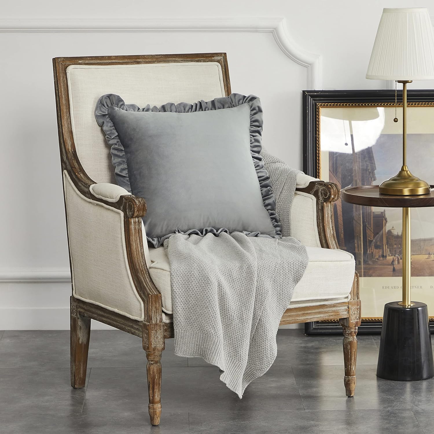 KNOTTING HOME Velvet Decorative Ruffle Cushion Pillow Covers for Sofa Couch and Home decor In Silver Color