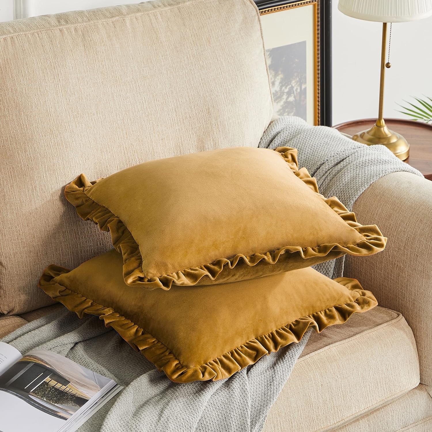 KNOTTING HOME Velvet Decorative Ruffle Cushion Pillow Covers for Sofa Couch and Home decor In Brown color