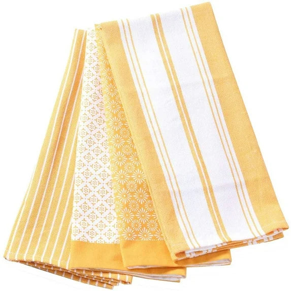 Cotton Kitchen Towels Set of 4 pcs - Absorbent Dish Towels Set |Tea Towels | Geometric Print Yellow Kitchen Dish Towels - Multi Purpose Kitchen Linen,Drying Dish Hand Towels 20x28 inch