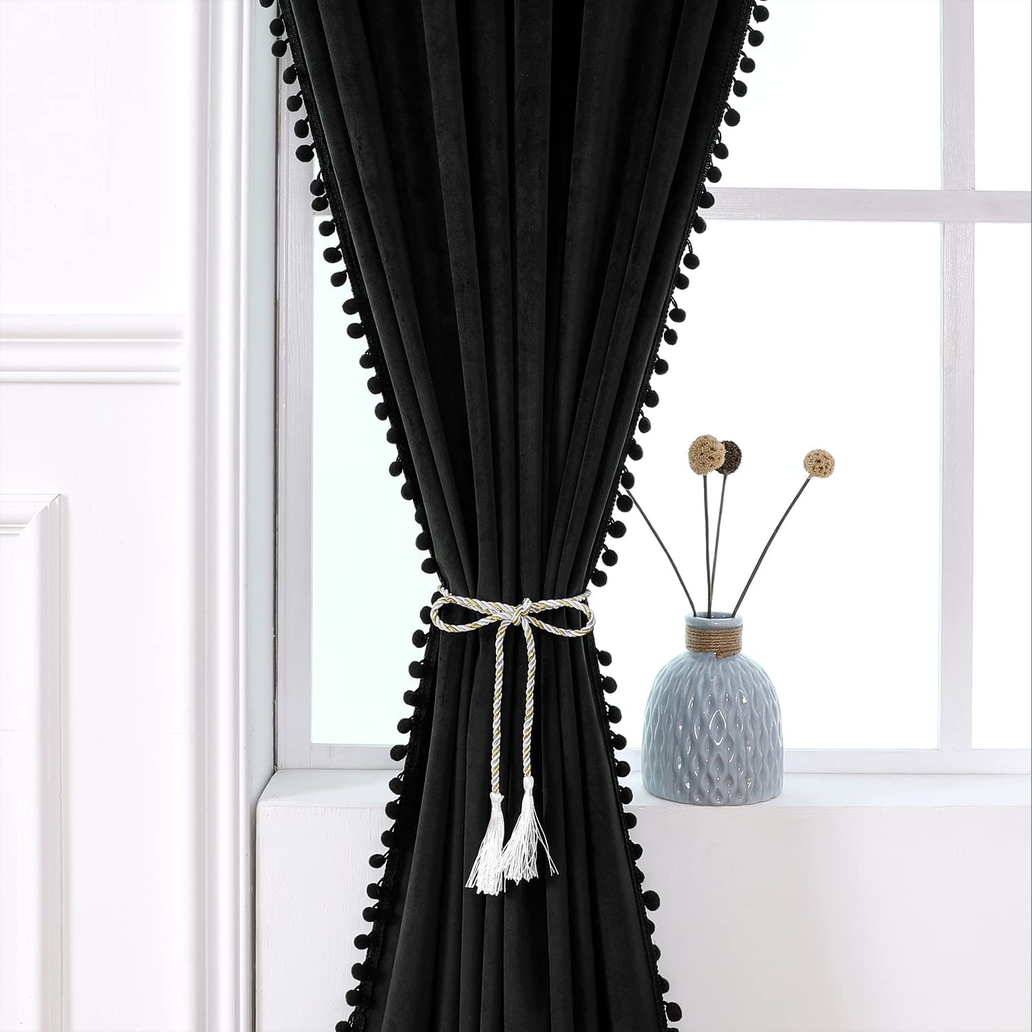 KNOTTING HOME Velvet Eyelet Door Curtains with pom pom Lace for Living Room Bedroom Kitchen in Black Color