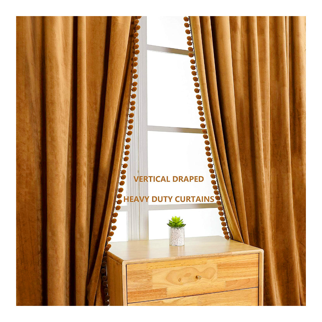 KNOTTING HOME Velvet Eyelet Door Curtains with pom pom Lace for Living Room Bedroom Kitchen in Brown Color