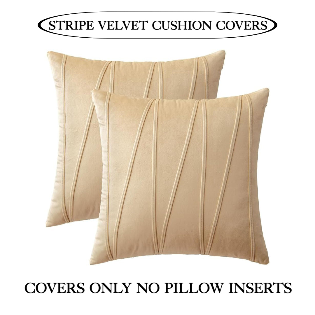 Knotting Home Decorative Striped Throw Pillow Covers Beige Color Solid Velvet Pillow Covers Cushion Case with Zigzag Pattern for Sofa Bedroom