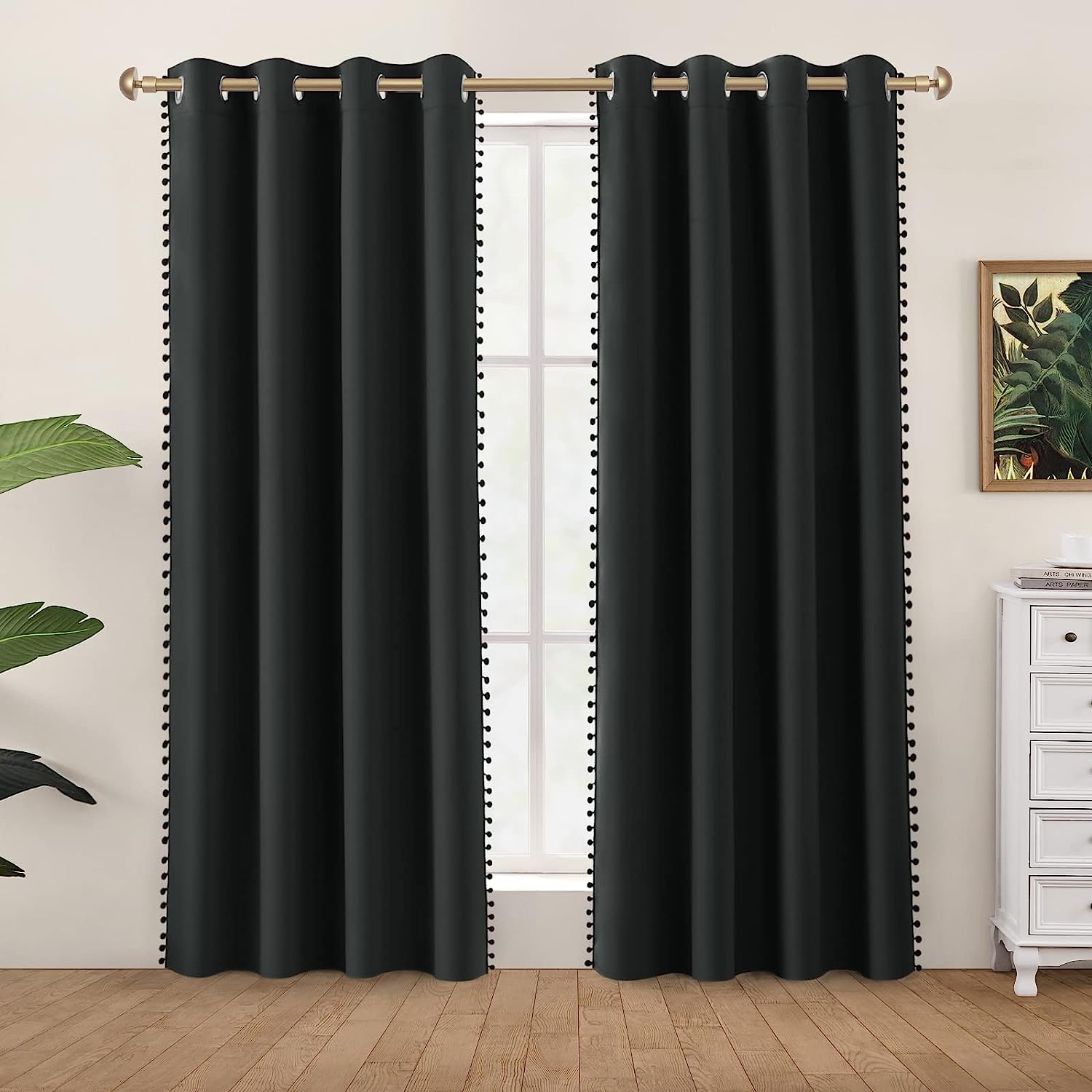 KNOTTING HOME Velvet Eyelet Door Curtains with pom pom Lace for Living Room Bedroom Kitchen in Black Color