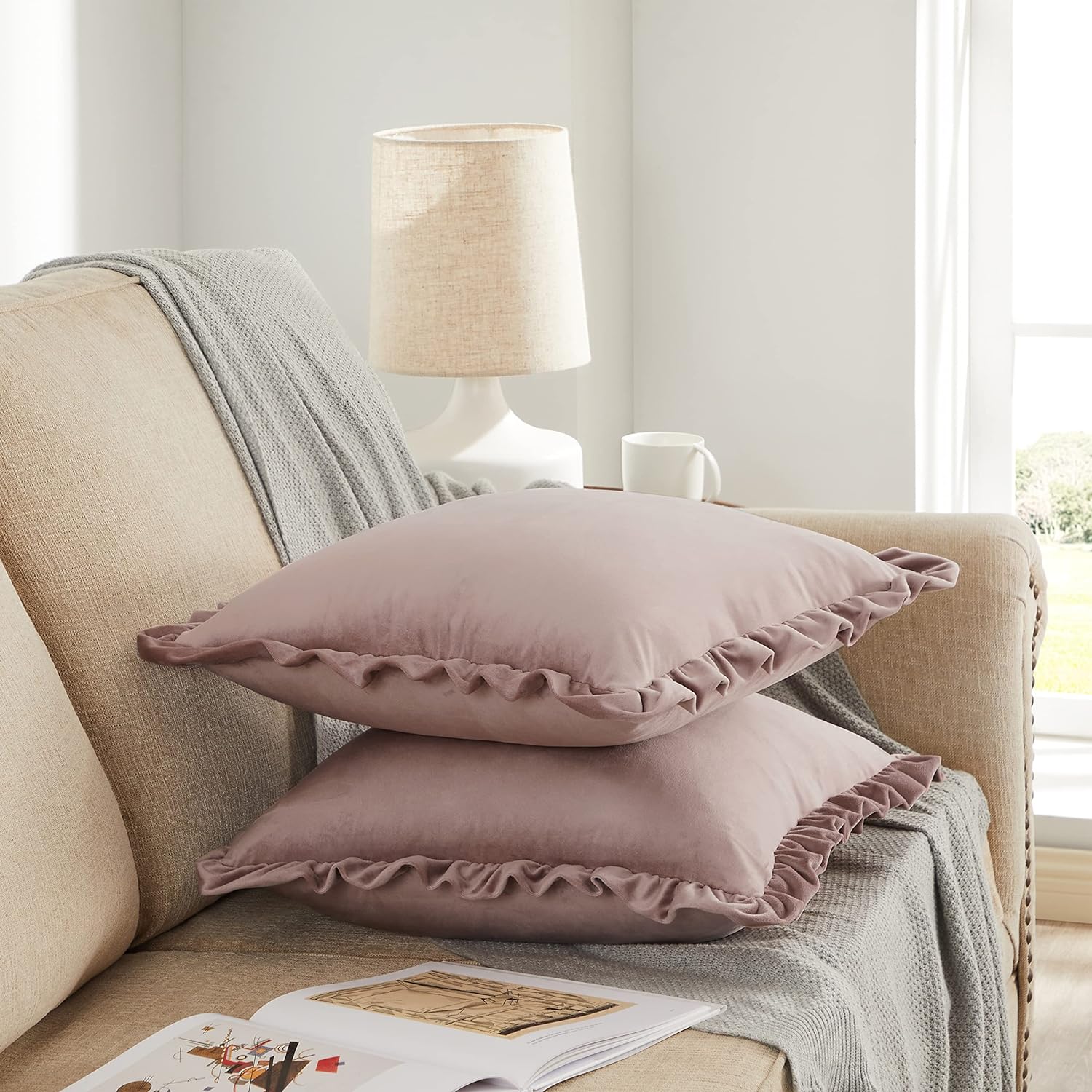 KNOTTING HOME Velvet Decorative Ruffle Cushion Pillow Covers for Sofa Couch and Home decor In Blush Color