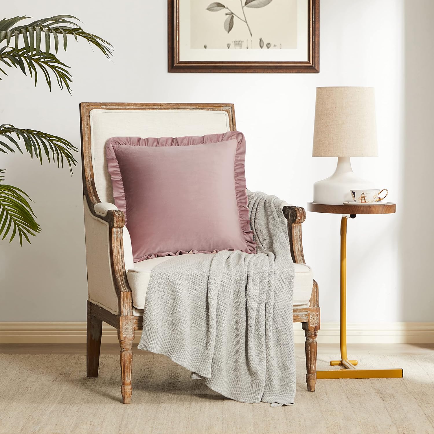 KNOTTING HOME Velvet Decorative Ruffle Cushion Pillow Covers for Sofa Couch and Home decor In Blush Color
