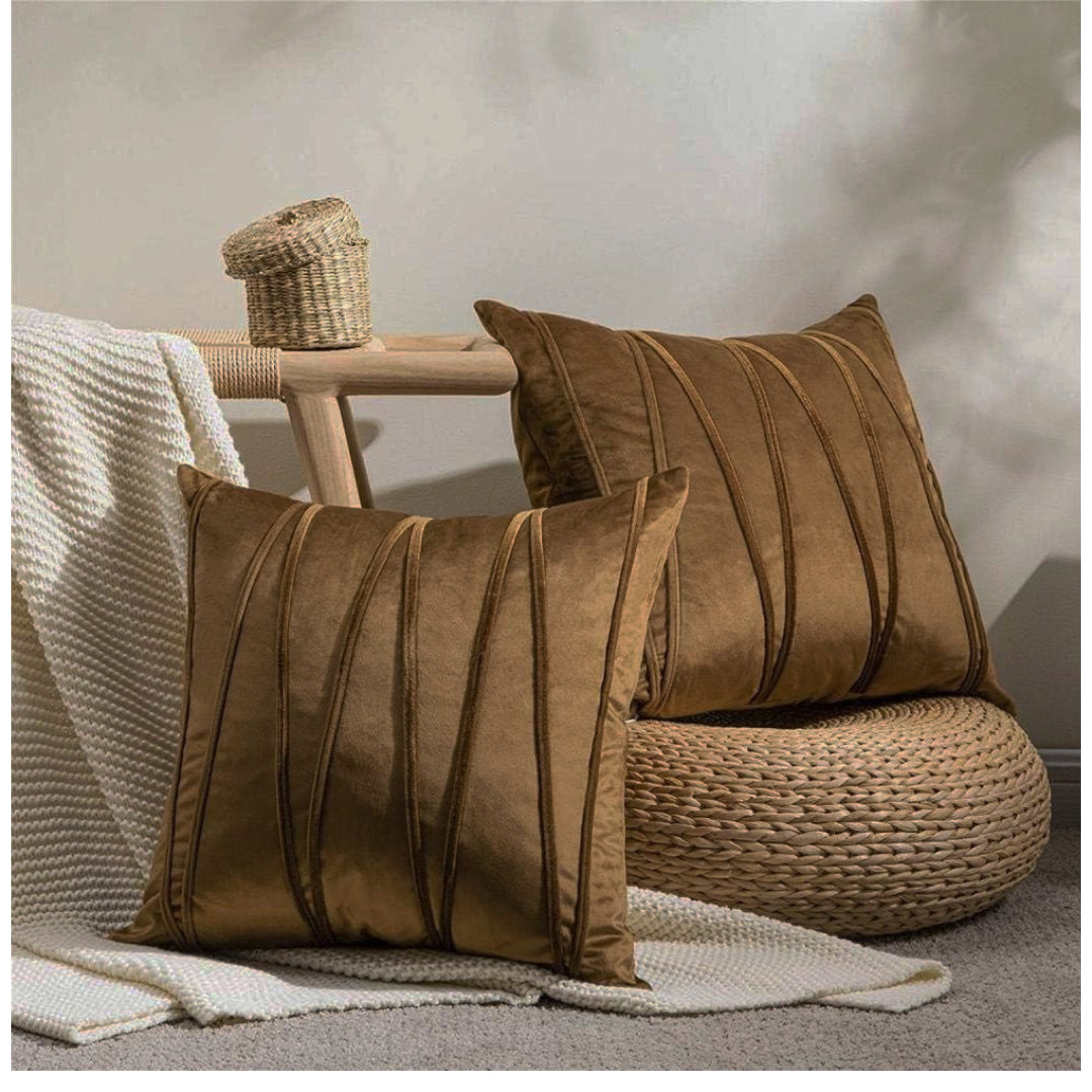 Knotting Home Decorative Striped Throw Pillow Covers Brown Color Solid Velvet Pillow Covers Cushion Case with Zigzag Pattern for Sofa Bedroom