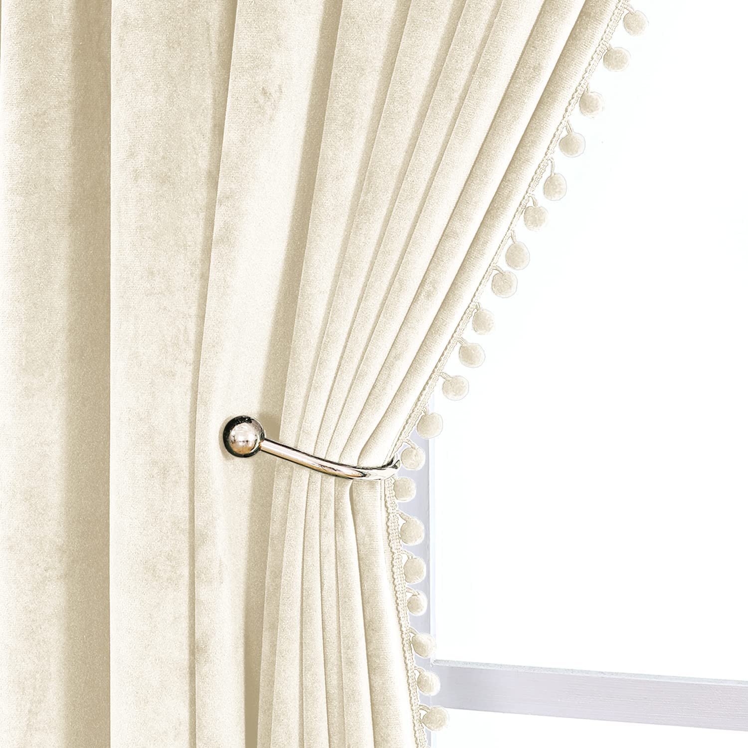 KNOTTING HOME Velvet Eyelet Door Curtains with pom pom Lace for Living Room Bedroom Kitchen in Cream Color