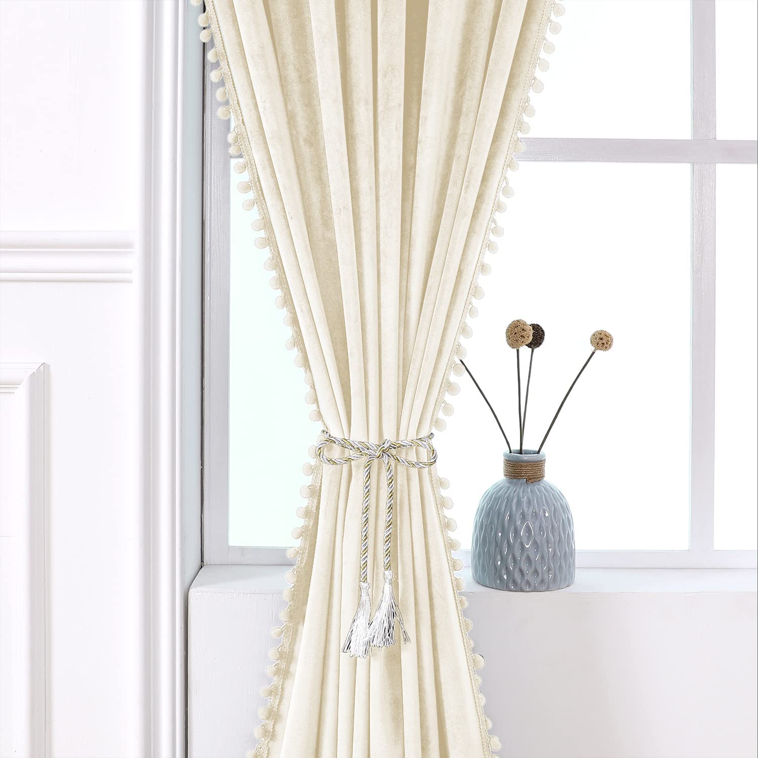 KNOTTING HOME Velvet Eyelet Door Curtains with pom pom Lace for Living Room Bedroom Kitchen in Cream Color
