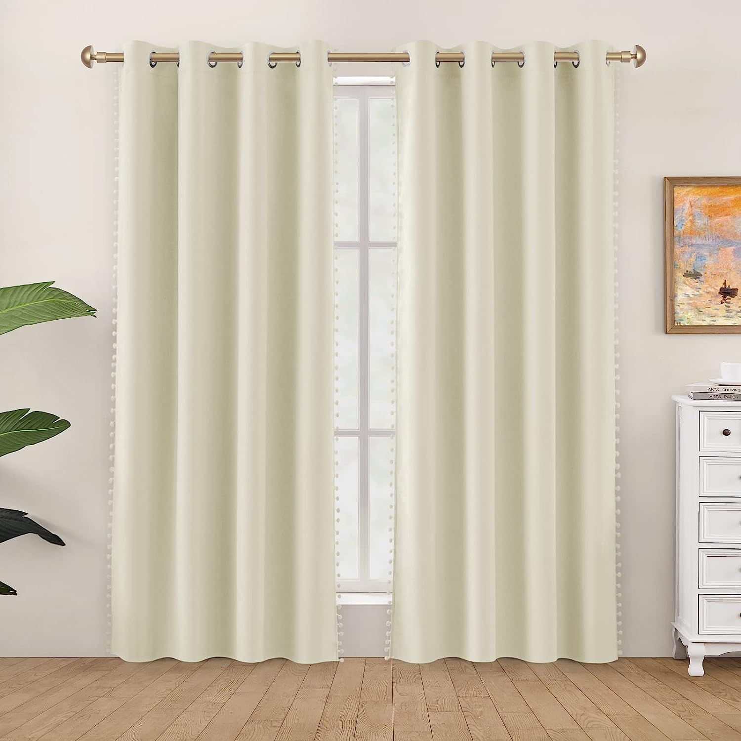 KNOTTING HOME Velvet Eyelet Door Curtains with pom pom Lace for Living Room Bedroom Kitchen in Cream Color