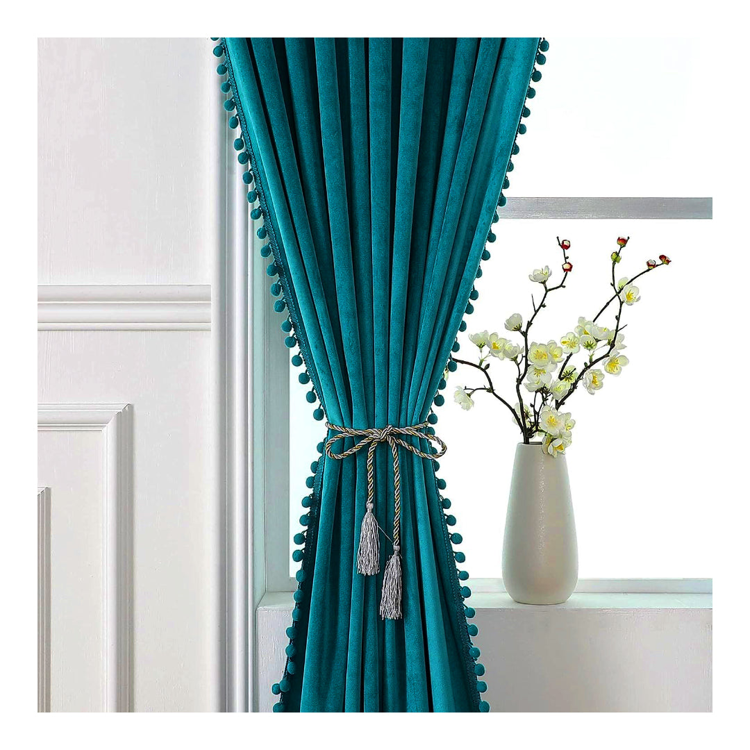 KNOTTING HOME Velvet Eyelet Door Curtains with pom pom Lace for Living Room Bedroom Kitchen  in D.Teal Color