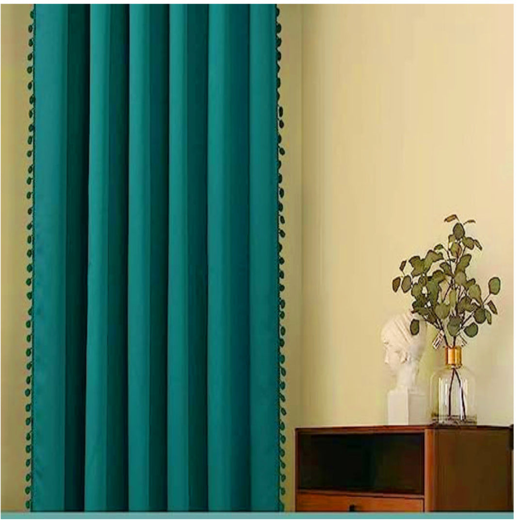 KNOTTING HOME Velvet Eyelet Door Curtains with pom pom Lace for Living Room Bedroom Kitchen  in D.Teal Color