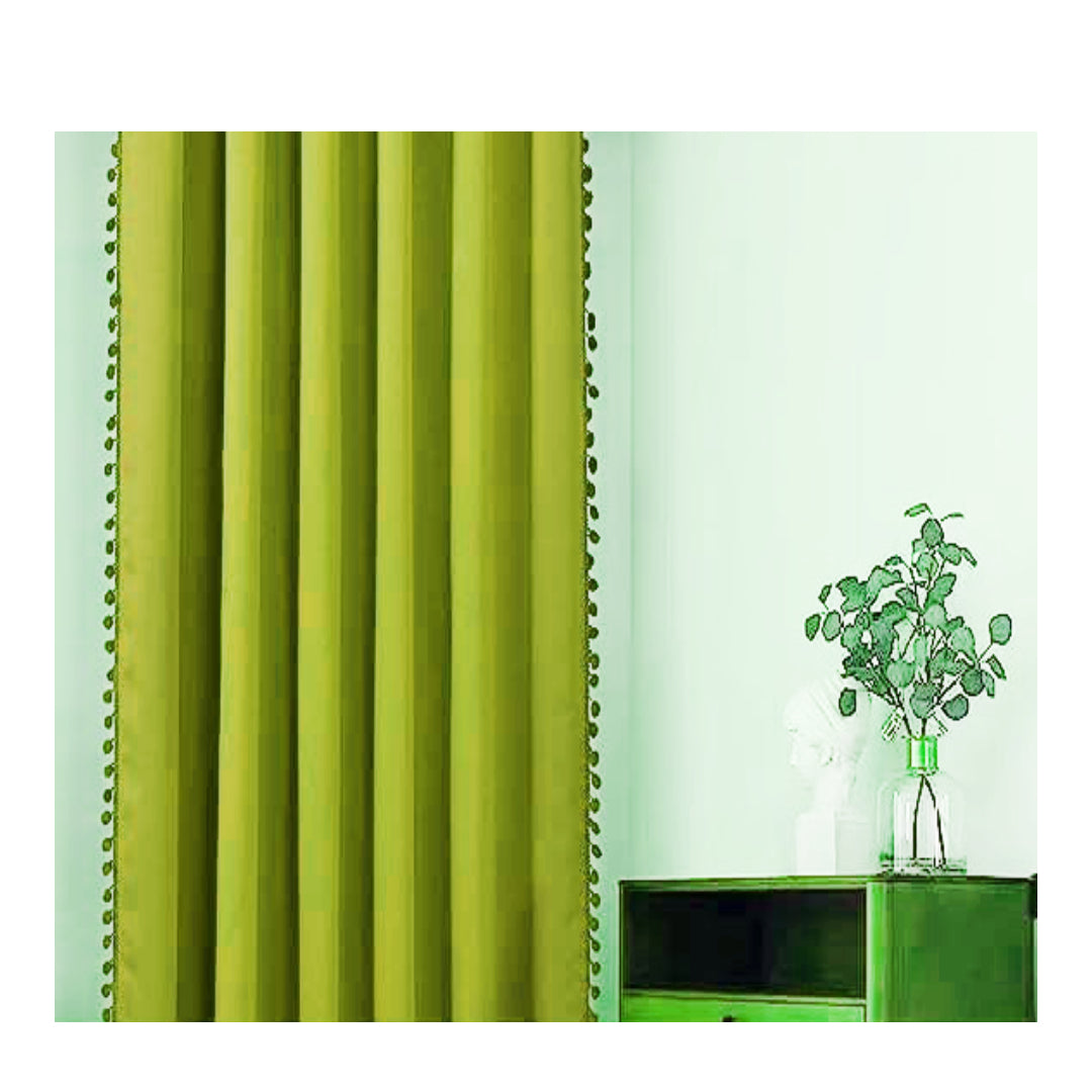 KNOTTING HOME Velvet Eyelet Door Curtains with pom pom Lace for Living Room Bedroom Kitchen in Green Color
