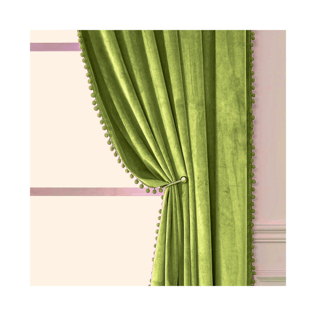 KNOTTING HOME Velvet Eyelet Door Curtains with pom pom Lace for Living Room Bedroom Kitchen in Green Color