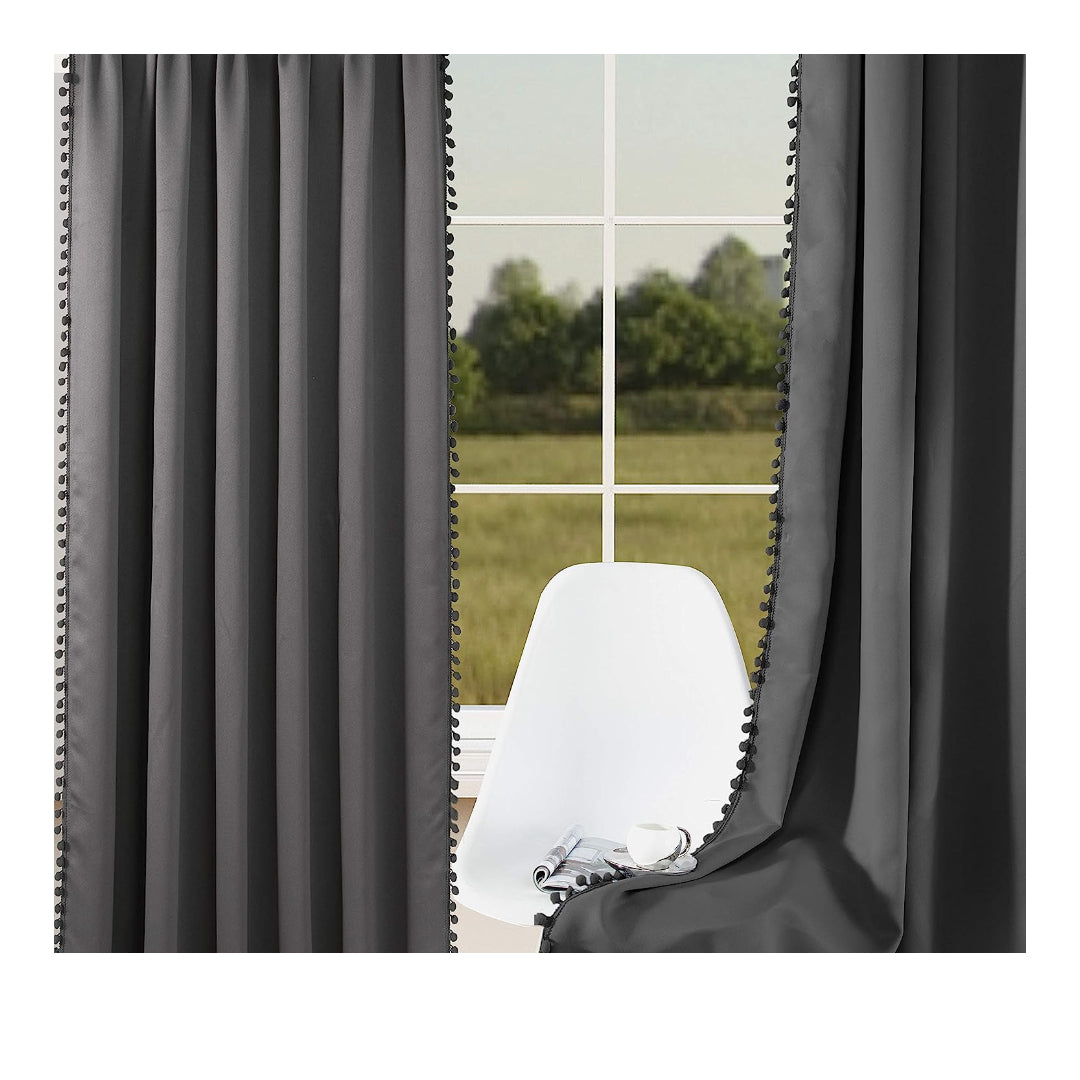 KNOTTING HOME Velvet Eyelet Door Curtains with pom pom Lace for Living Room Bedroom Kitchen in Grey Color