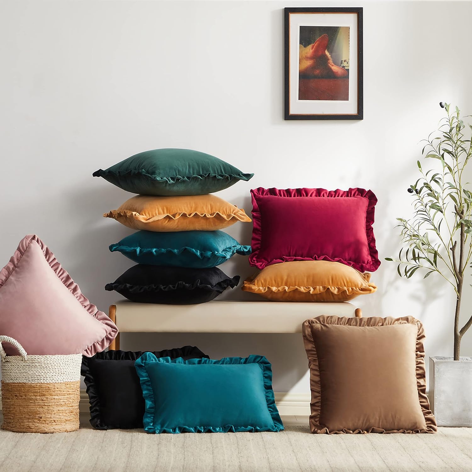 KNOTTING HOME Velvet Decorative Ruffle Cushion Pillow Covers for Sofa Couch and Home decor In Red Color
