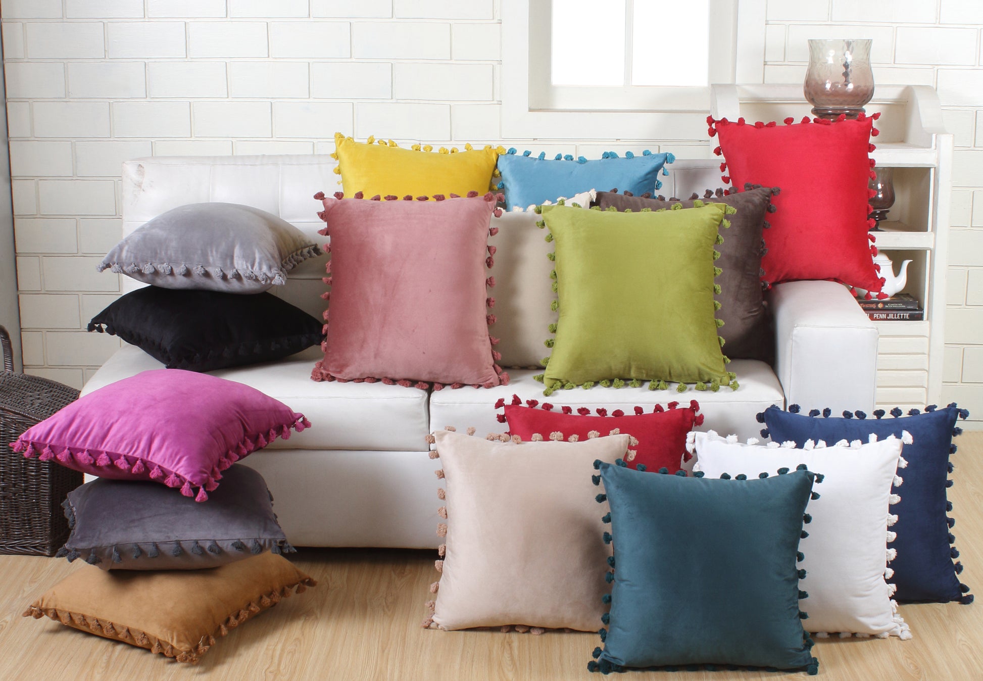 KNOTTING HOME Velvet Tassels Fringe Design Decorative Throw Pillow Covers Soft Solid Square Cushion Cover Pillow Decor, Silver