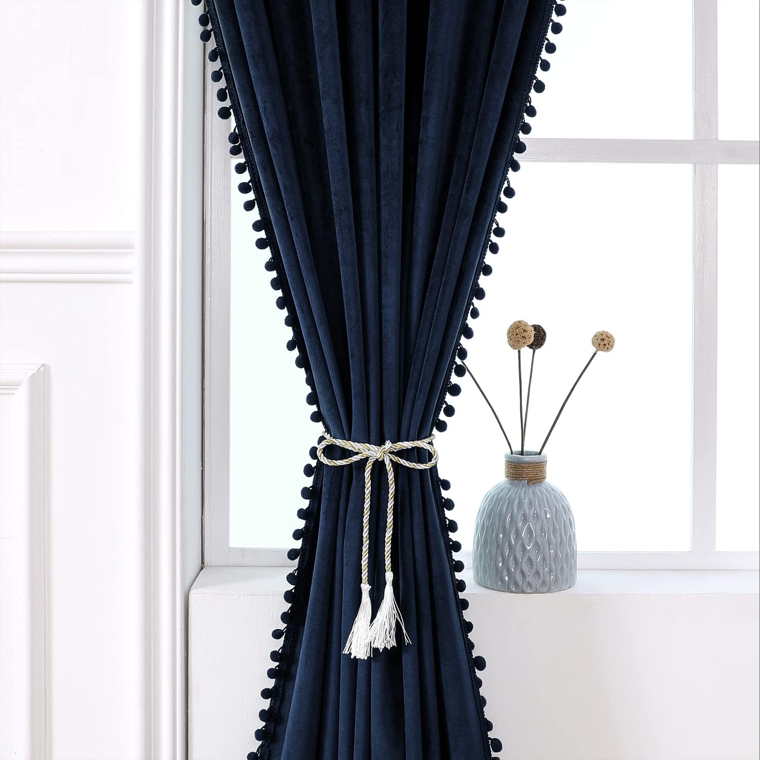 KNOTTING HOME Velvet Eyelet Door Curtains with pom pom Lace for Living Room Bedroom Kitchen in Blue Color