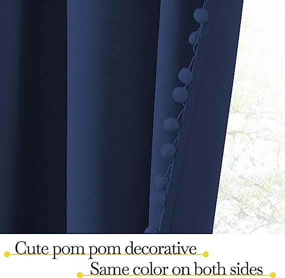 KNOTTING HOME Velvet Eyelet Door Curtains with pom pom Lace for Living Room Bedroom Kitchen in Blue Color