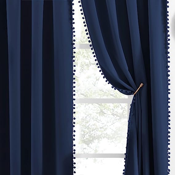 KNOTTING HOME Velvet Eyelet Door Curtains with pom pom Lace for Living Room Bedroom Kitchen in Blue Color