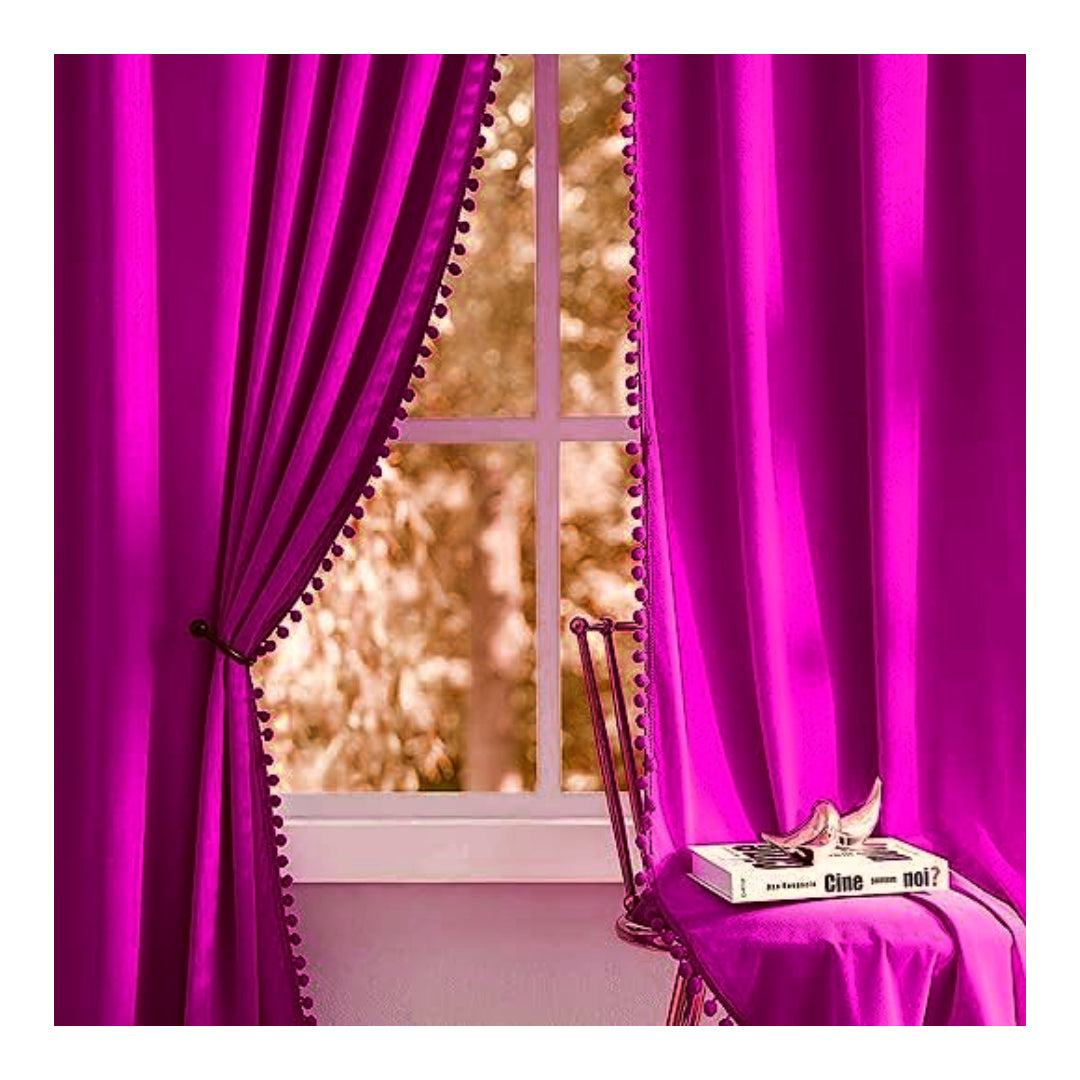 KNOTTING HOME Velvet Eyelet Door Curtains with pom pom Lace for Living Room Bedroom Kitchen in Purple Color