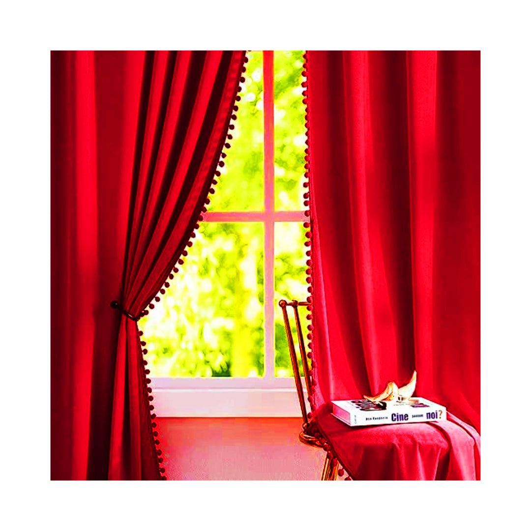KNOTTING HOME Velvet Eyelet Door Curtains with pom pom Lace for Living Room Bedroom Kitchen in Red Color