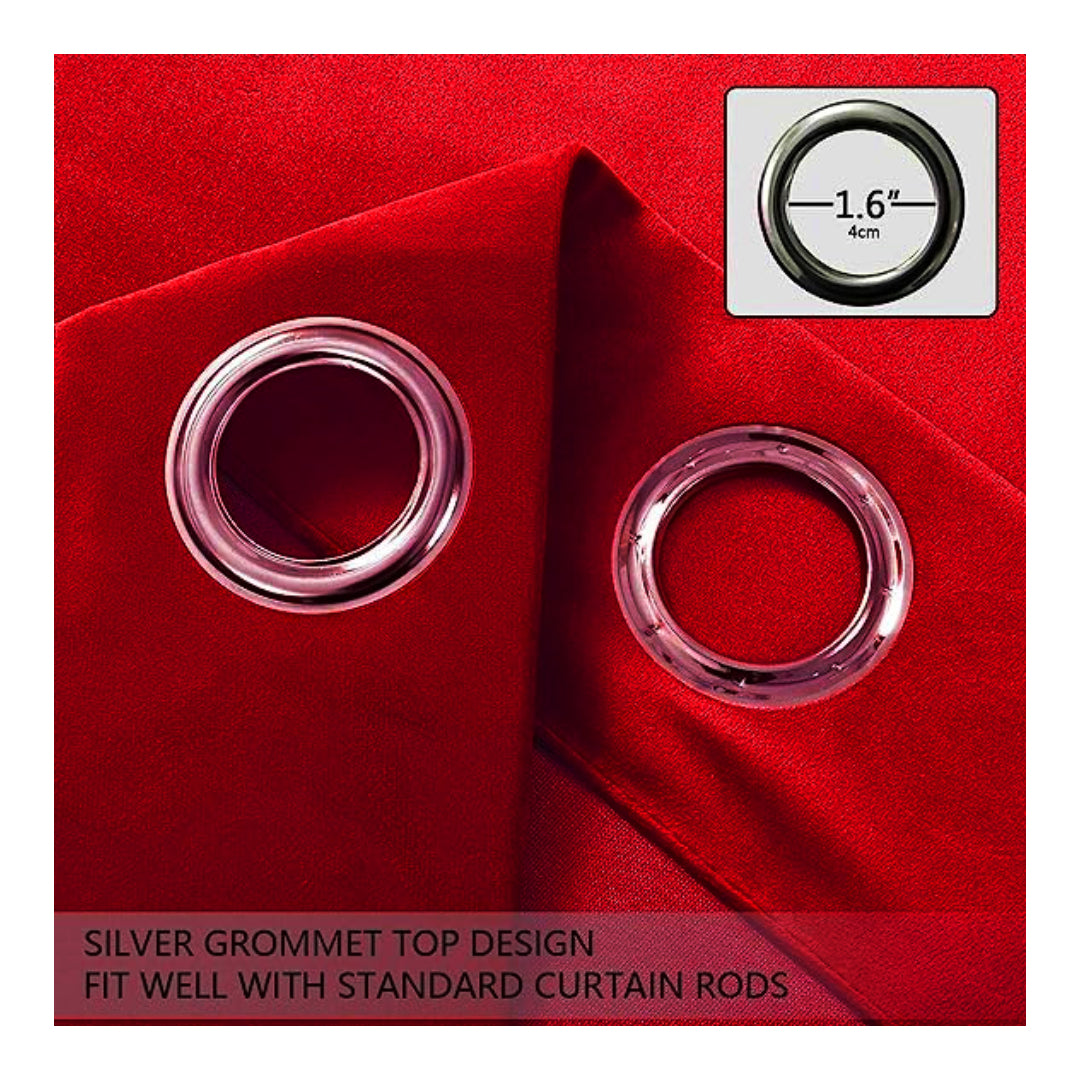 KNOTTING HOME Velvet Eyelet Door Curtains with pom pom Lace for Living Room Bedroom Kitchen in Red Color