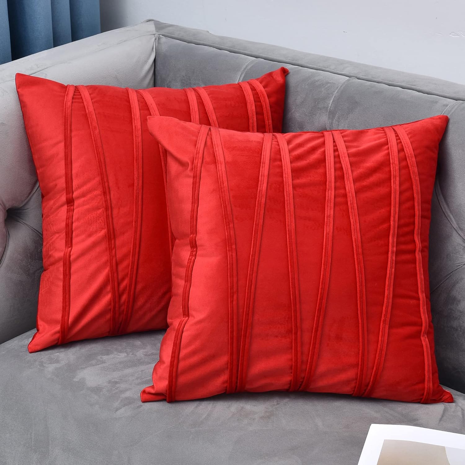 Knotting Home Decorative Striped Throw Pillow Covers  Red Color Soft Solid Velvet Pillow Covers Cushion Case with Zigzag Pattern for Sofa Bedroom
