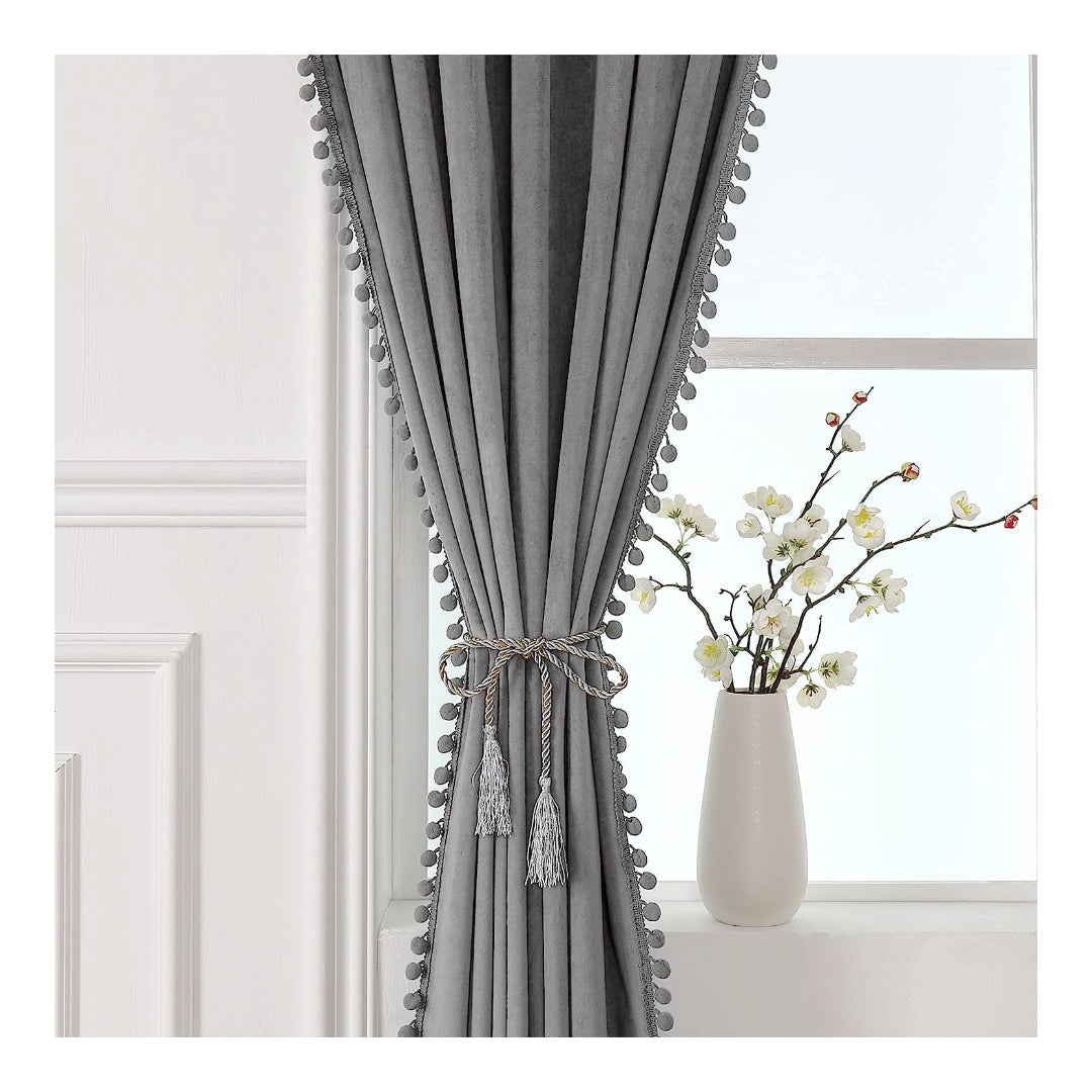 KNOTTING HOME Velvet Eyelet Door Curtains with pom pom Lace for Living Room Bedroom Kitchen in Silver Color