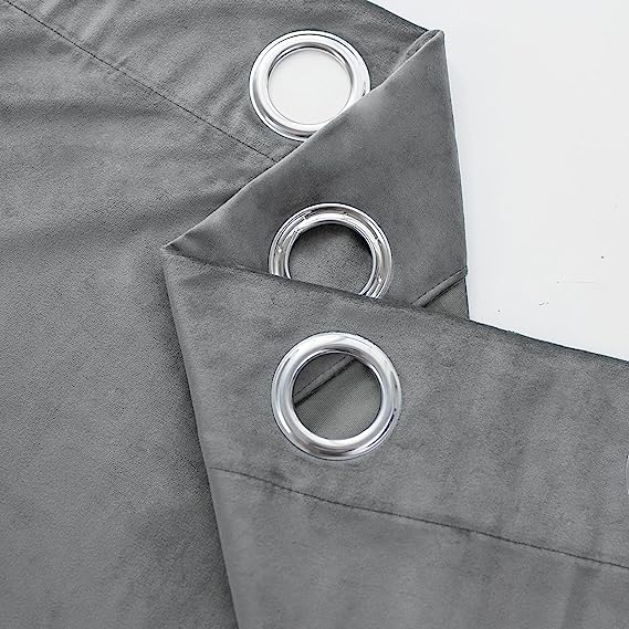 KNOTTING HOME Velvet Eyelet Door Curtains with pom pom Lace for Living Room Bedroom Kitchen in Silver Color