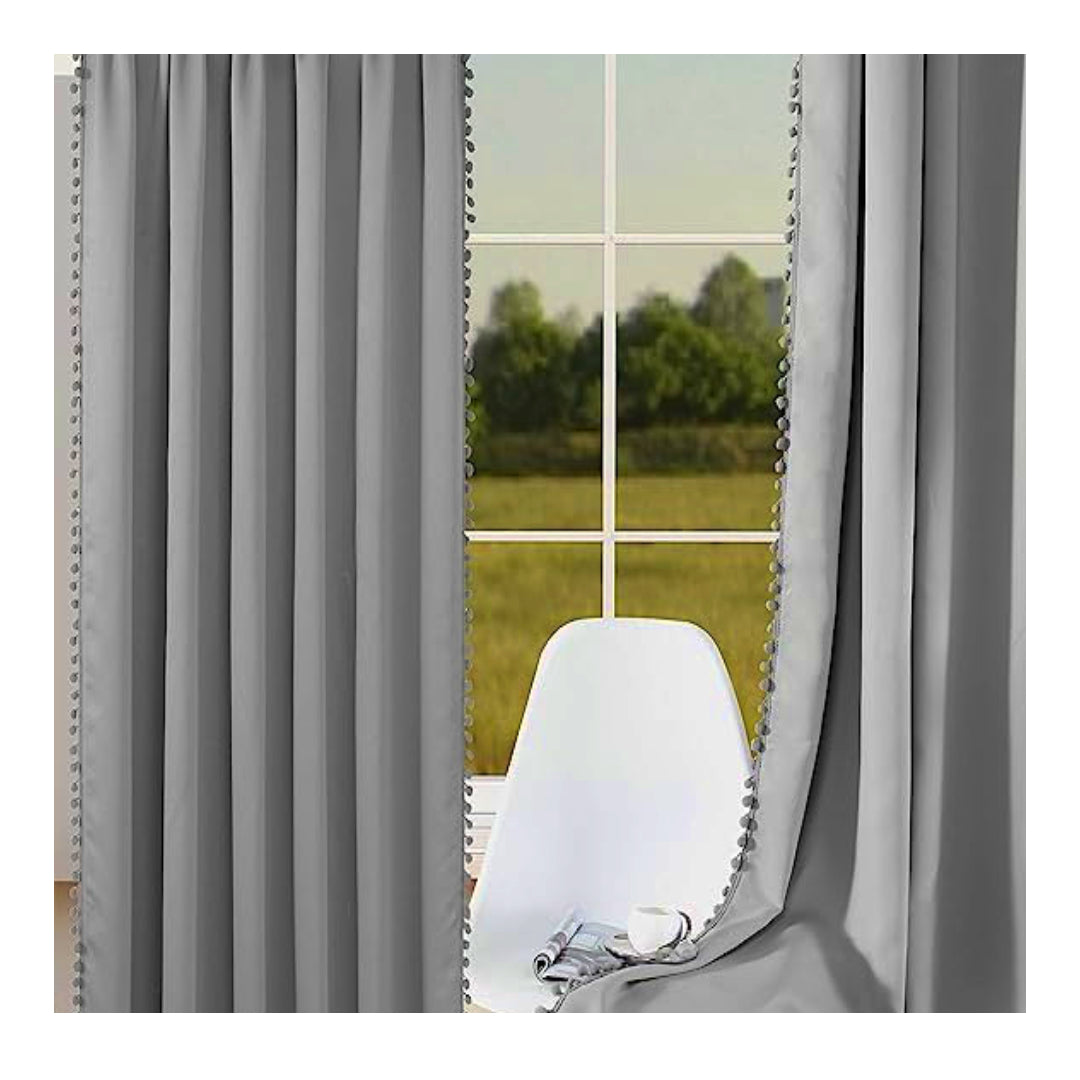 KNOTTING HOME Velvet Eyelet Door Curtains with pom pom Lace for Living Room Bedroom Kitchen in Silver Color