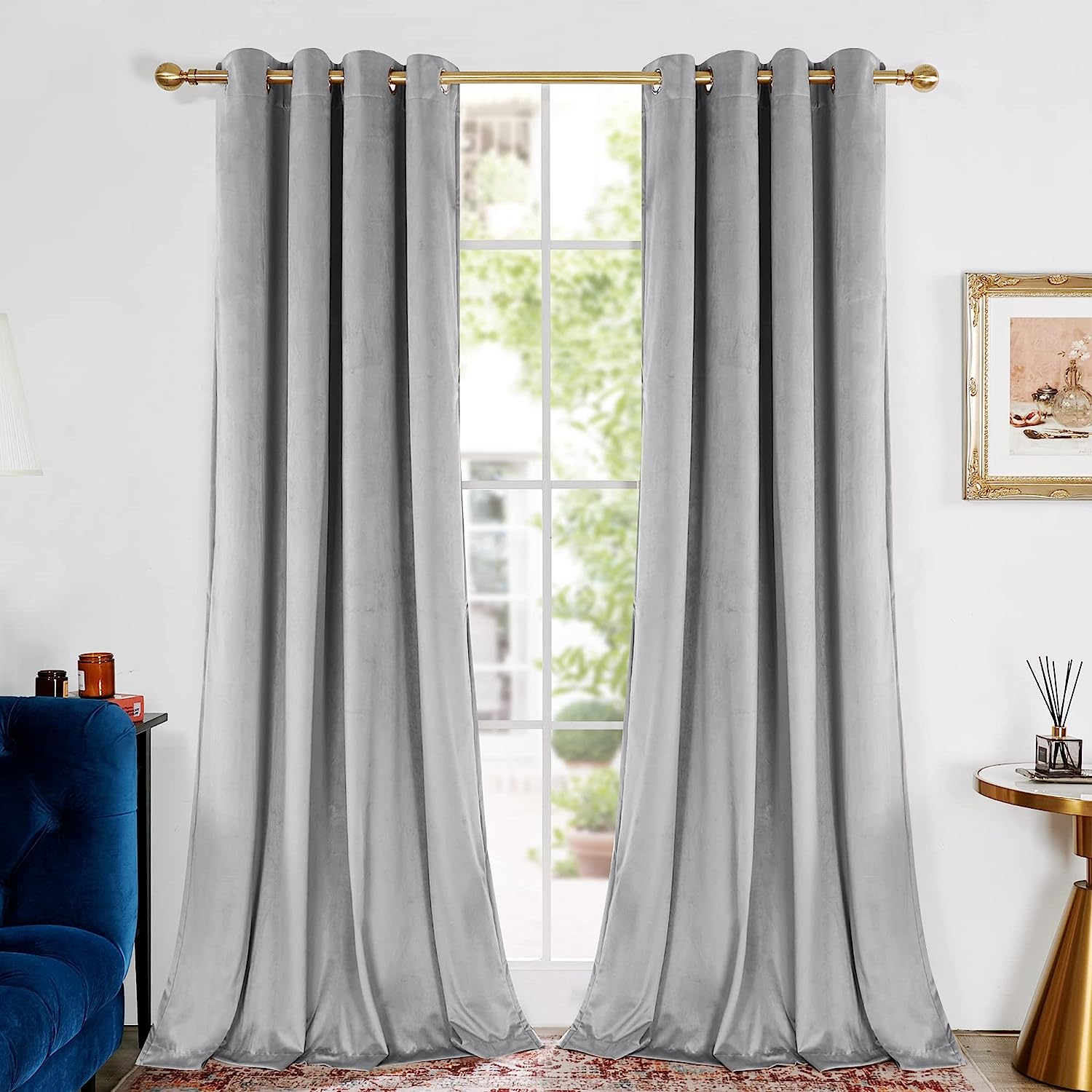 KNOTTING HOME Room Darkening Plain Velvet Eyelet Door Curtains for Living Room ,Bedroom ,Kitchen in Silver Color
