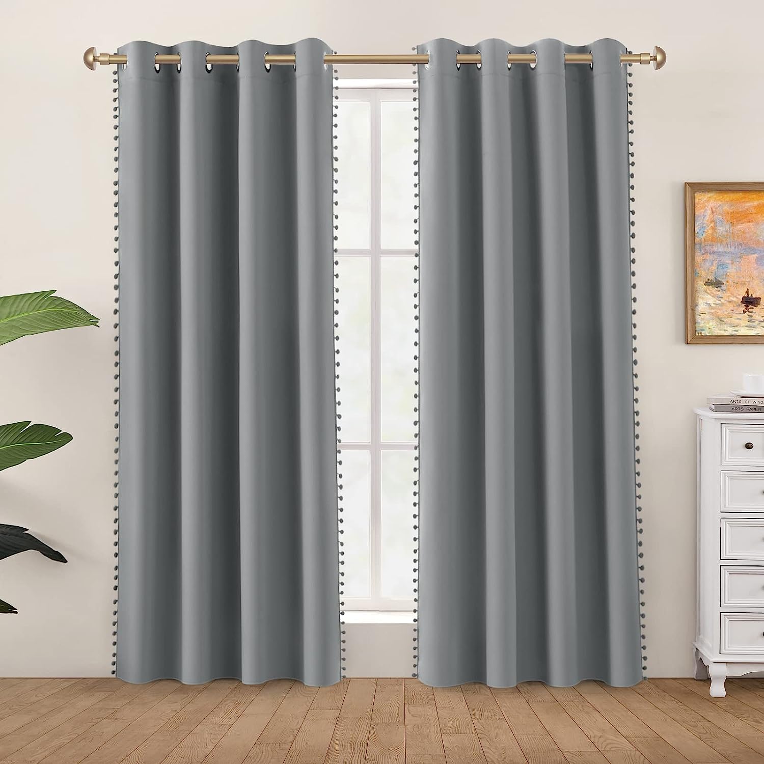 KNOTTING HOME Velvet Eyelet Door Curtains with pom pom Lace for Living Room Bedroom Kitchen in Silver Color