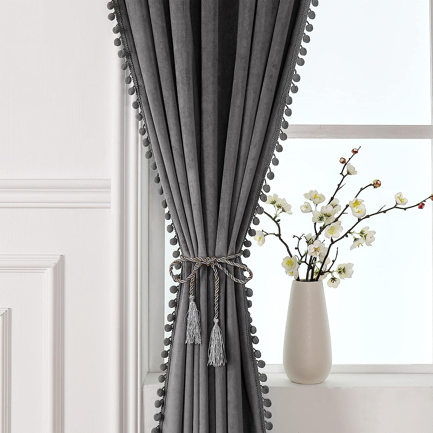 KNOTTING HOME Velvet Eyelet Door Curtains with pom pom Lace for Living Room Bedroom Kitchen in Grey Color