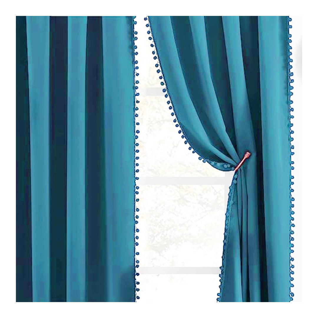 KNOTTING HOME Velvet Eyelet Door Curtains with pom pom Lace for Living Room Bedroom Kitchen in Teal Color