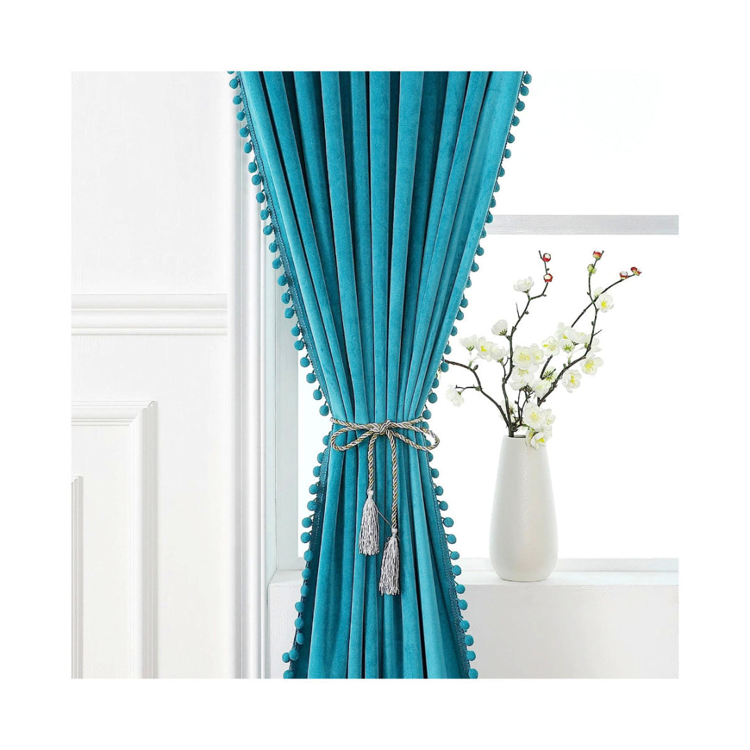 KNOTTING HOME Velvet Eyelet Door Curtains with pom pom Lace for Living Room Bedroom Kitchen in Teal Color