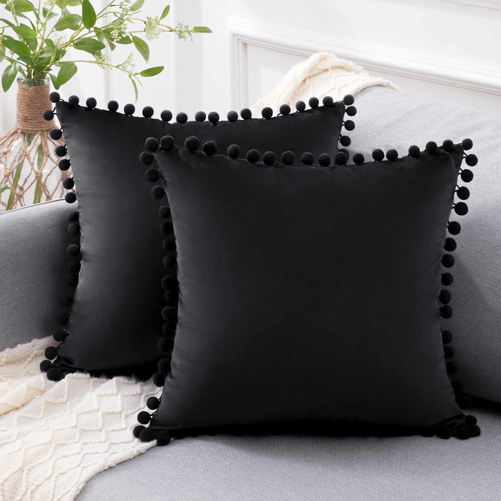 KNOTTING HOME Velvet Pompom Cushion Cover Throw Pillow Covers for Sofa Living Room