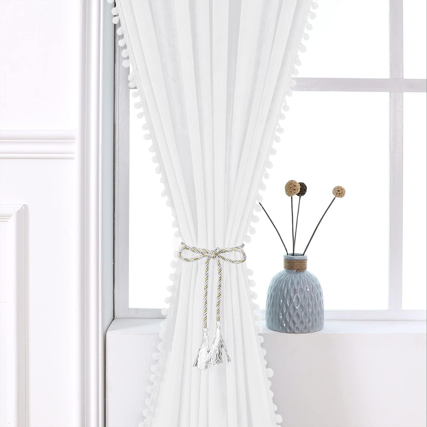 KNOTTING HOME Velvet Eyelet Door Curtains with pom pom Lace for Living Room Bedroom Kitchen in White Color