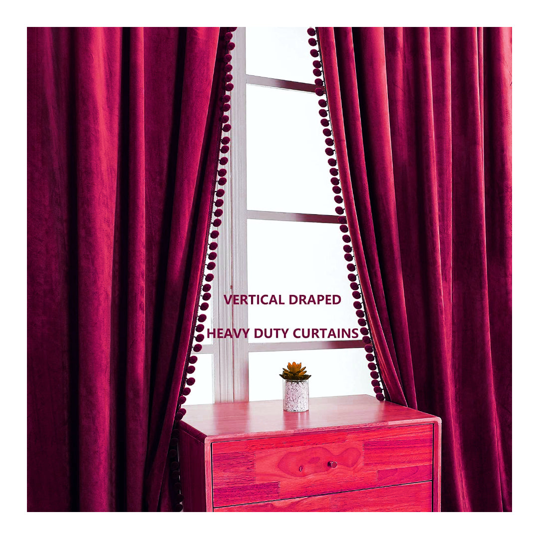 KNOTTING HOME Velvet Eyelet Door Curtains with pom pom Lace for Living Room Bedroom Kitchen in wine Color