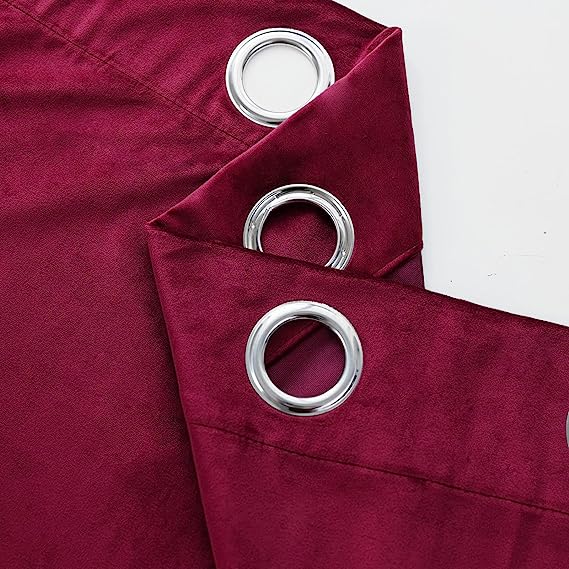 KNOTTING HOME Velvet Eyelet Door Curtains with pom pom Lace for Living Room Bedroom Kitchen in wine Color