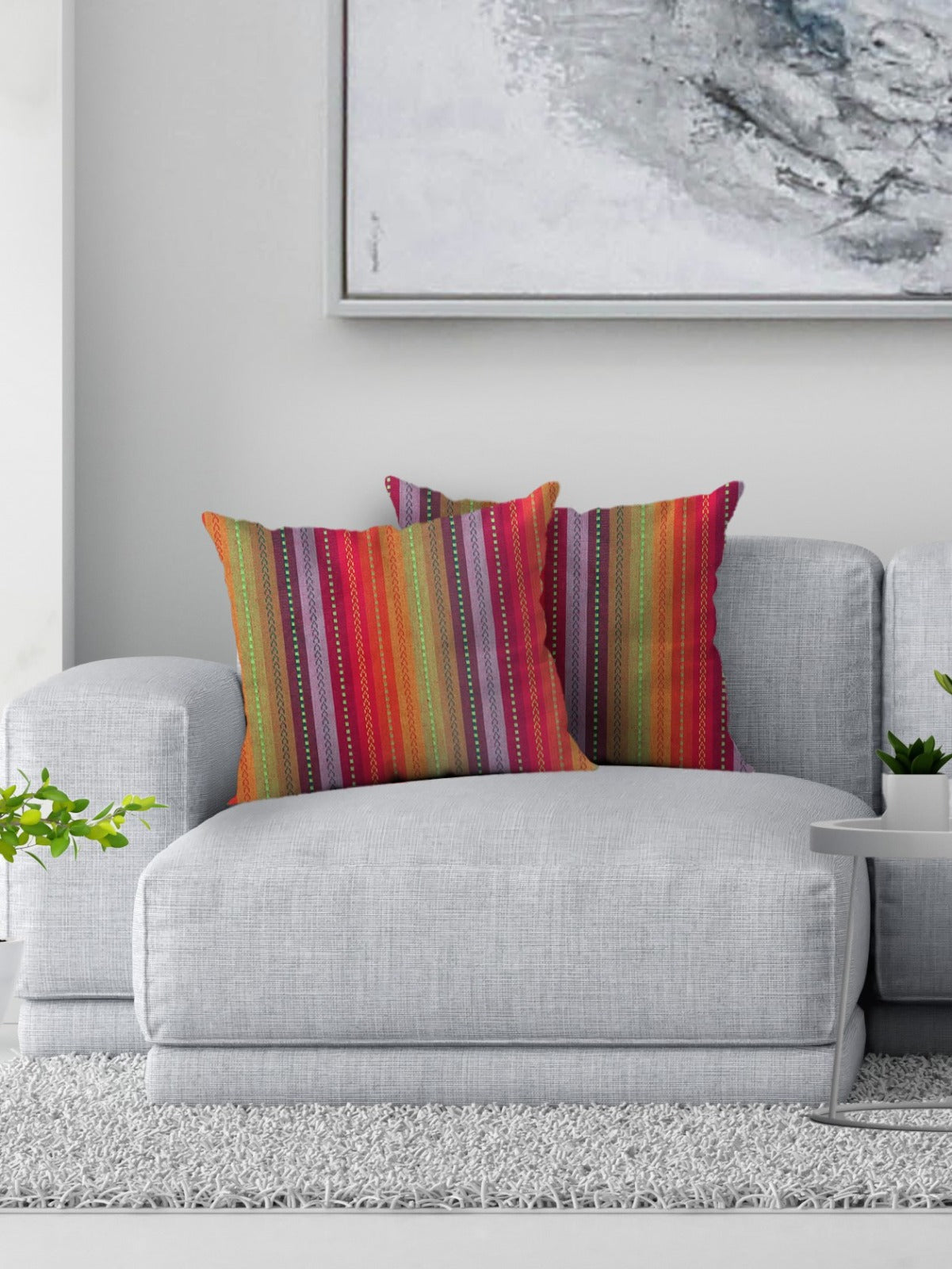 Knotting Home Cotton Salsa Stripe Cushion Cover Red/Rust Multicolour Large Square Throw Pillow Covers for Sofa Bed Room Living Room or Home Decor