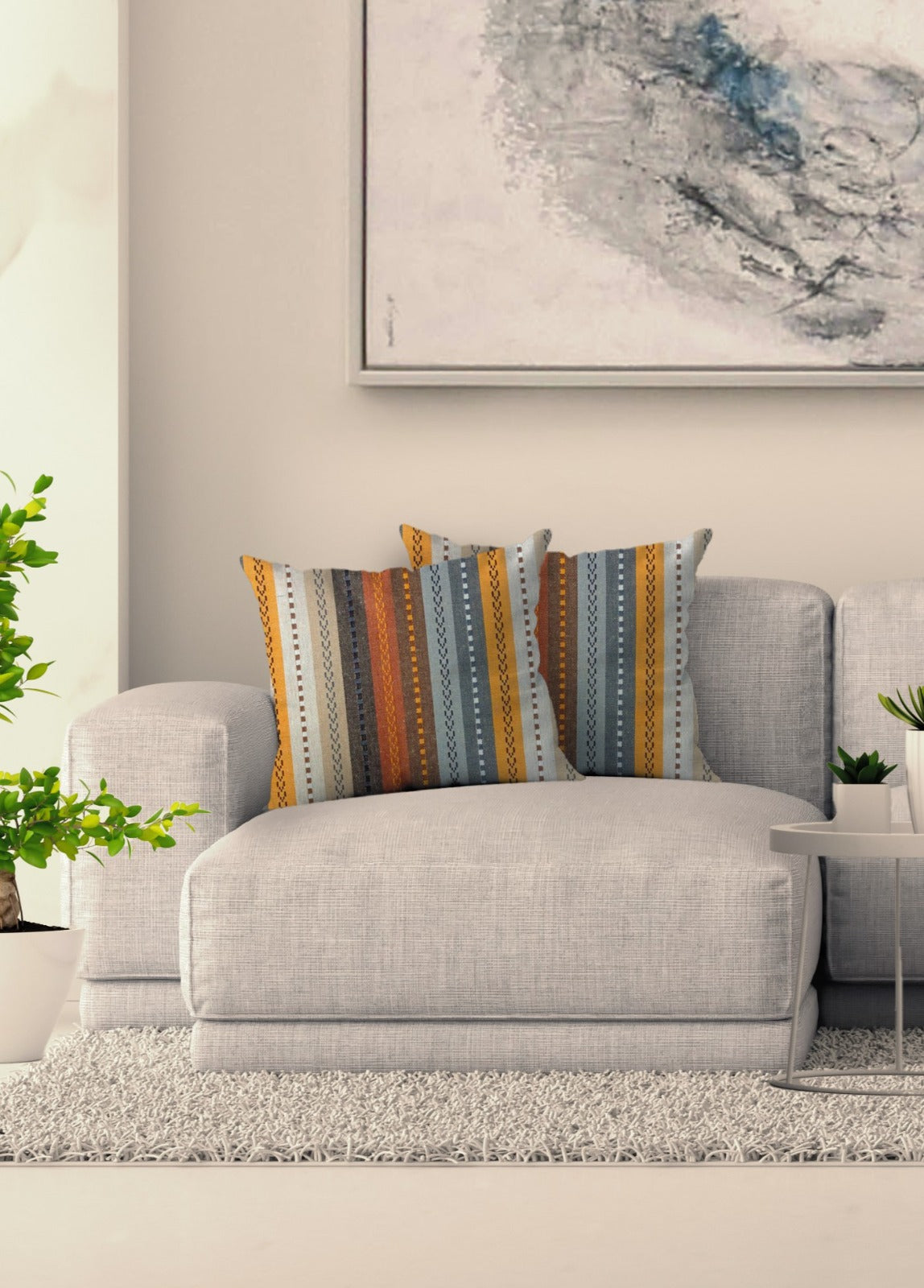 Knotting Home Cotton Salsa Stripe Cushion Cover Beige/Mustard Multicolour Large Square Throw Pillow Covers for Sofa Bed Room Living Room or Home Decor