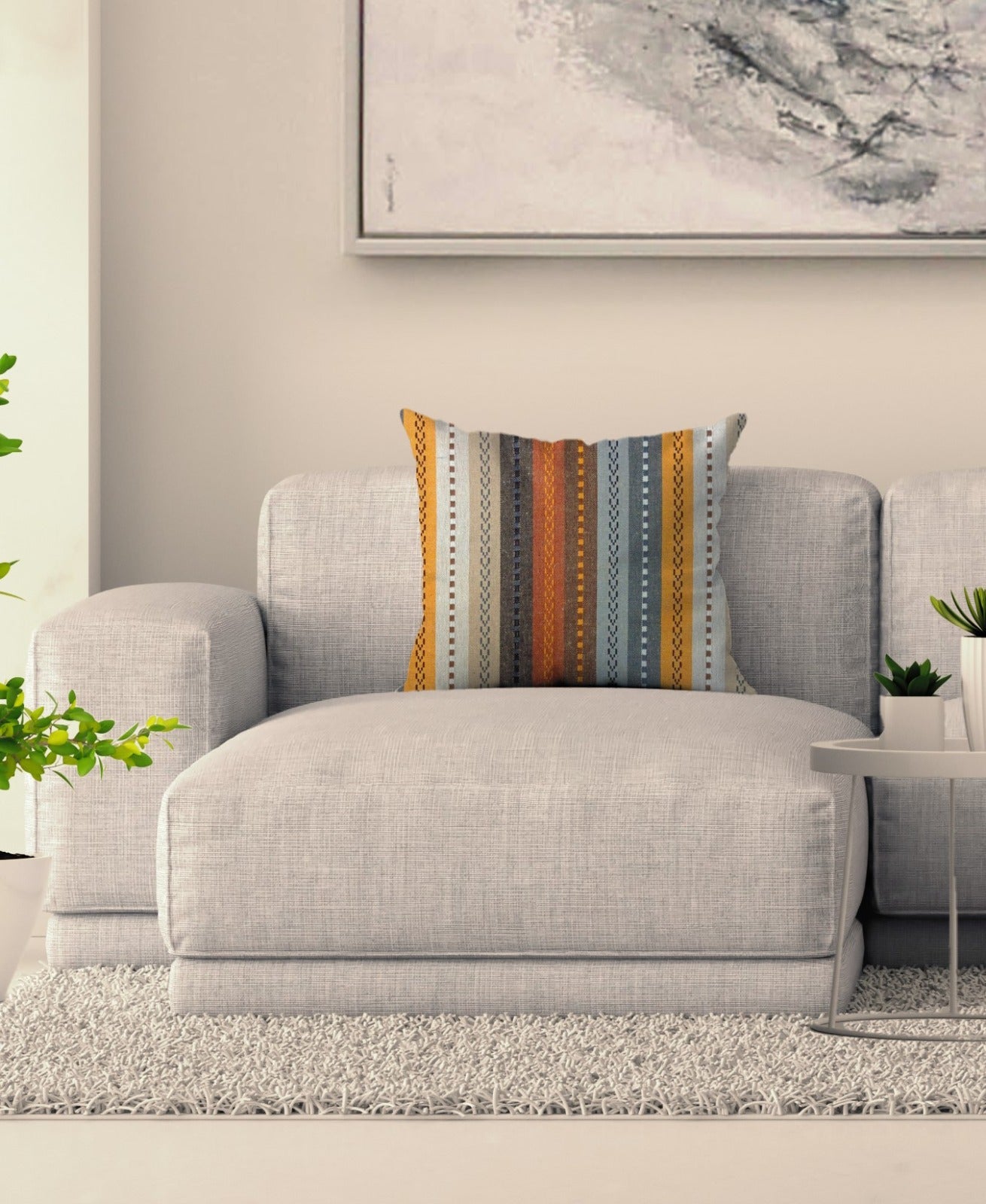 Knotting Home Cotton Salsa Stripe Cushion Cover Beige/Mustard Multicolour Large Square Throw Pillow Covers for Sofa Bed Room Living Room or Home Decor