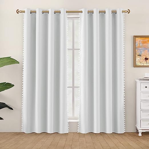 KNOTTING HOME Velvet Eyelet Door Curtains with pom pom Lace for Living Room Bedroom Kitchen in White Color